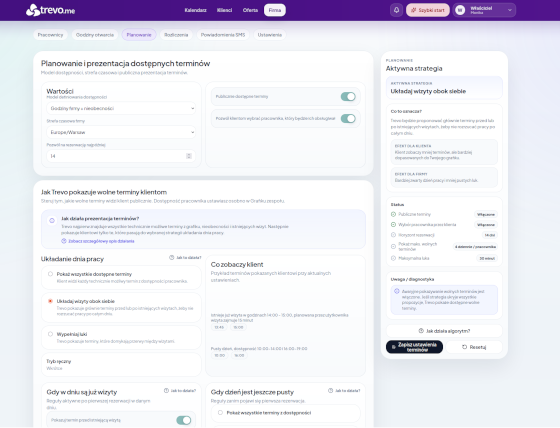 Marketingowy widok panelu firmy z ustawieniami grafiku